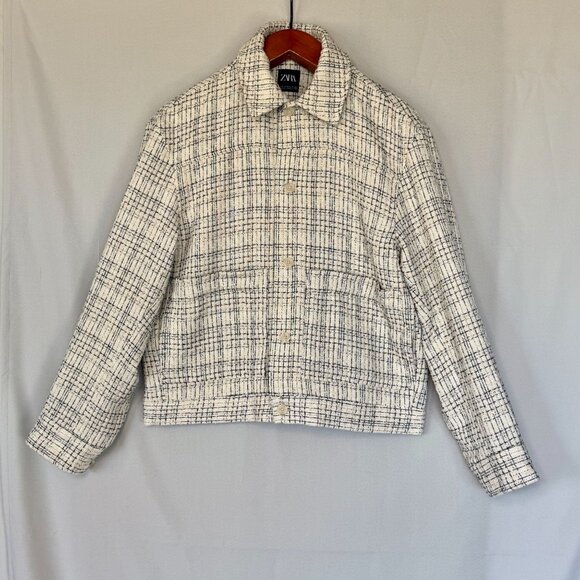 Zara Ivory Black Boucle Tweed Boxy Oversized Button Front Bomber Jacket Size M - Picture 3 of 16